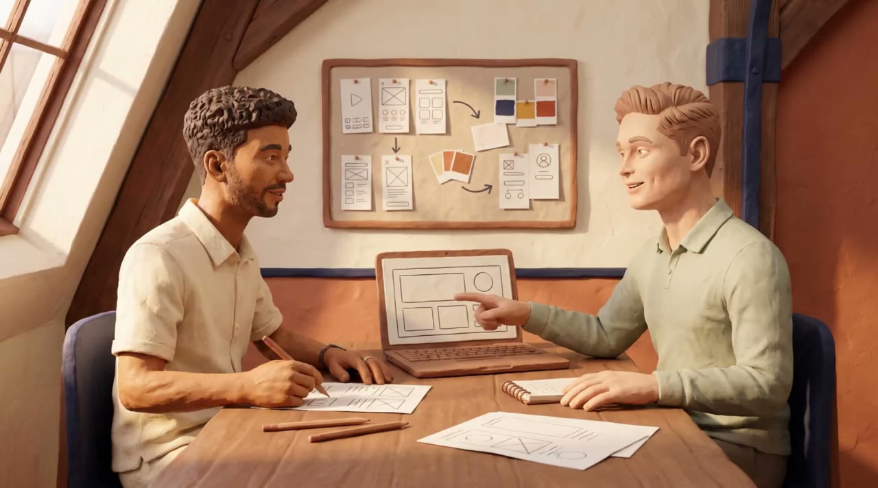 Camille en Jan werken samen aan een app-ontwerp, met schetsen en een moodboard.