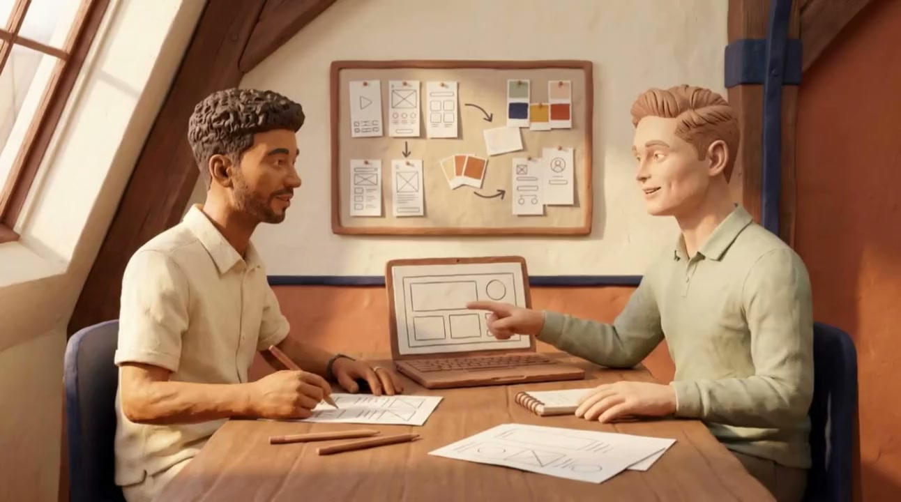 Twee adviseurs bespreken hun werk aan een tafel.
