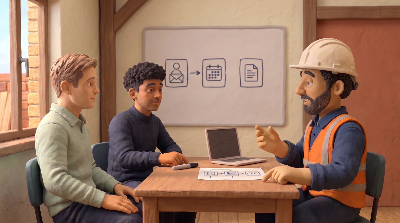 Camille en Jan overleggen met de ondernemer. Camille werkt hun aanpak uit op het whiteboard; de ondernemer knikt.